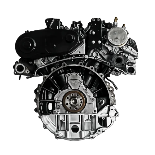 Front view of a remanufactured Land Rover engine assembly showing the flywheel housing and engine block isolated on a white background.