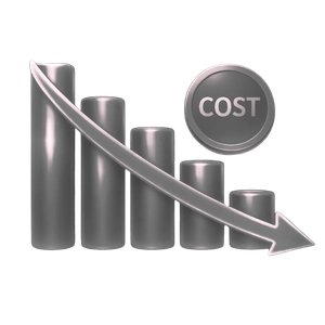 Gray bar chart with descending bars and a downward arrow labeled 'COST' indicating lower cost on JLR engines for sale. 