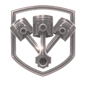 Metallic emblem featuring three pistons arranged in a triangular formation inside a shield outline. Representing all engines sold from JLR Engines USA include a 1year engine protection warranty.