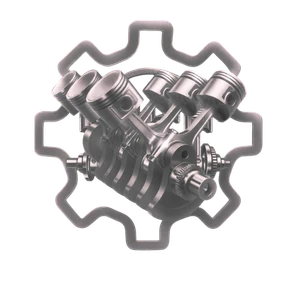 3D rendered illustration of a metallic V6 engine block with pistons inside a cogwheel outline representing Jaguar Land Rover engine building specialist. 