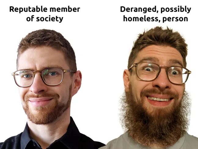 2 headshots of Graeme. One with a well-trimmed beard and one that is out of control