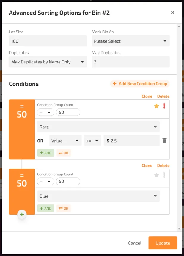 Advanced sorting bin options modal