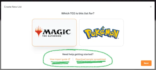 Step 1 of the import list modal with circled link section