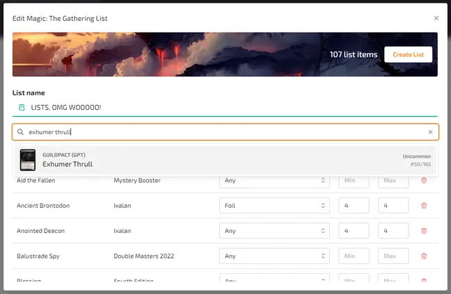 Edit List modal with autocomplete search results