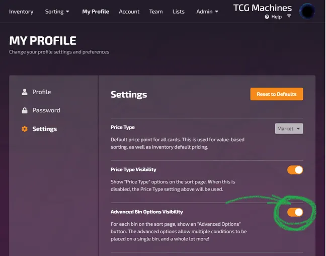 Profile settings page with chalk circling and pointing to the Advanced Bin Options Visibility setting