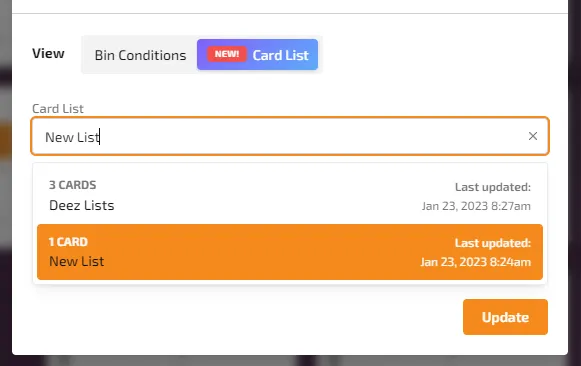 Advanced Bin Options Card List autocomplete results