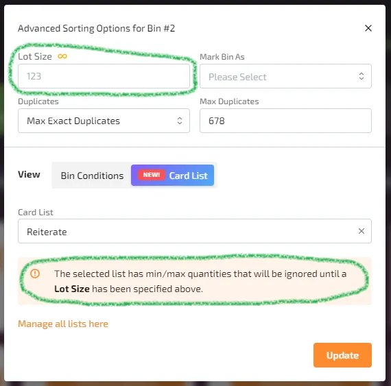 Advanced Bin Options modal showing recommendation to set Lot Size