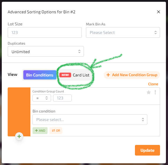 Advanced Sorting Options modal with chalk circling and pointing to the new Card List view toggle button