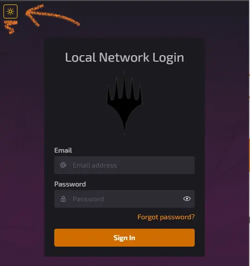 Login page with a chalk arrow pointing to a dark mode toggle button