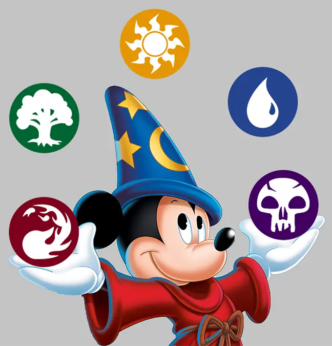 Mickey Mouse juggles the five colour symbols of Magic: The Gathering