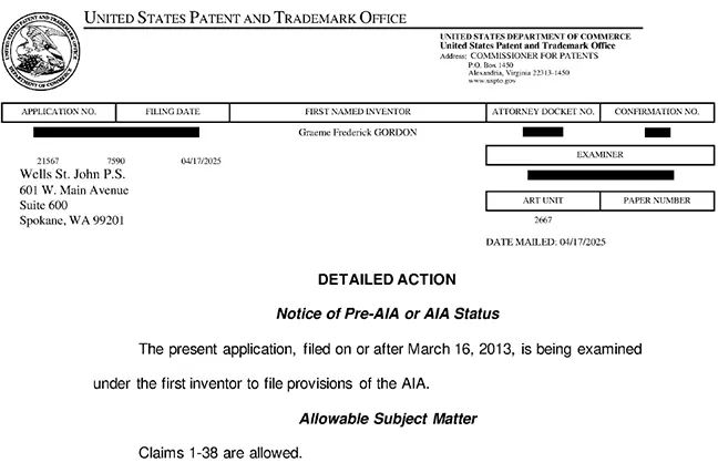 Notice of Allowance from the USPO for TCG Machines' patent application