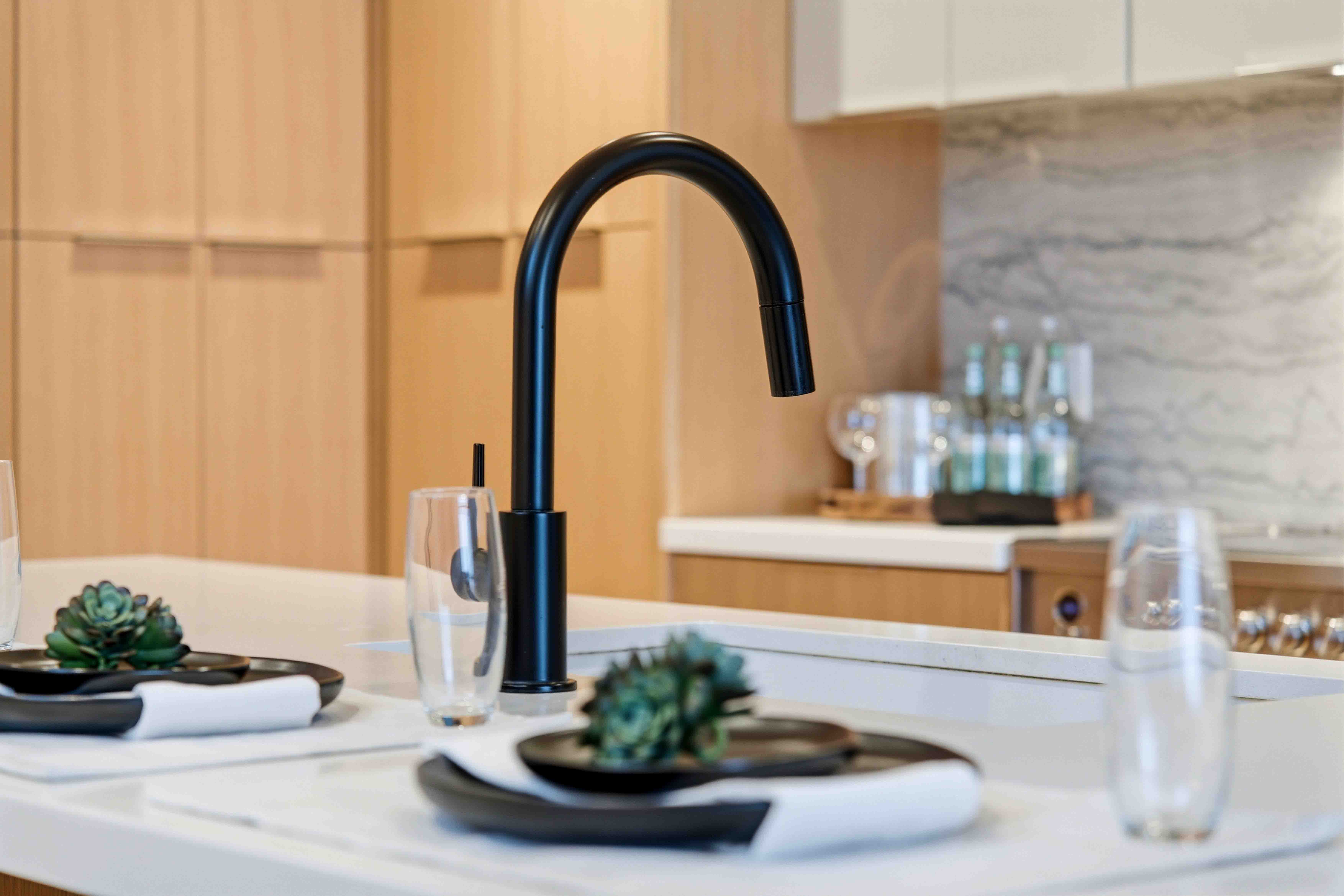 Modern kitchen sink faucet with place settings and succulent plants on a white countertop.
