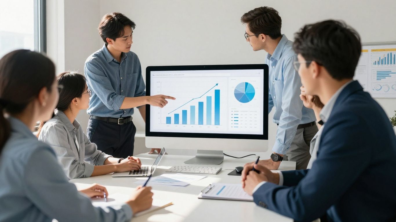 Business team analyzing growth charts in a modern office.