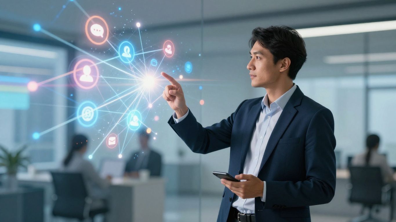 Business professional using social media for marketing strategies.