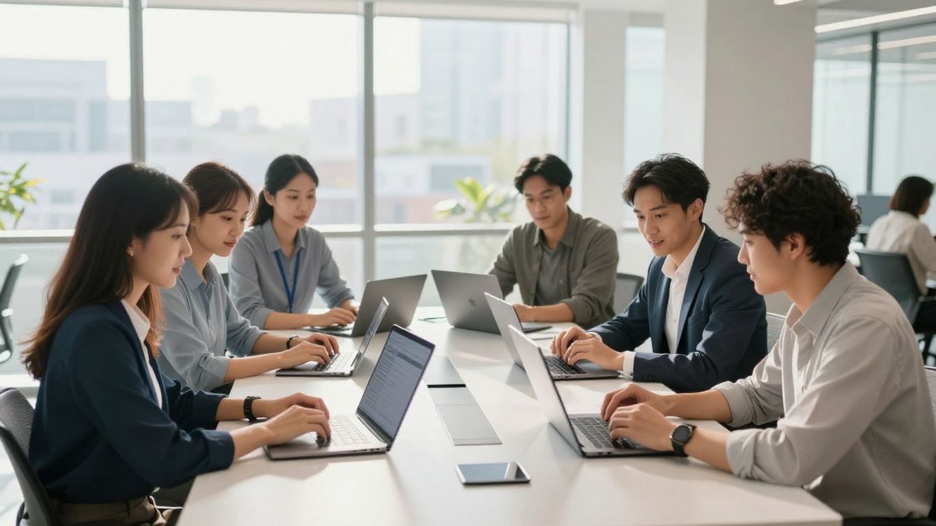 Business team collaborating in a modern office with laptops.