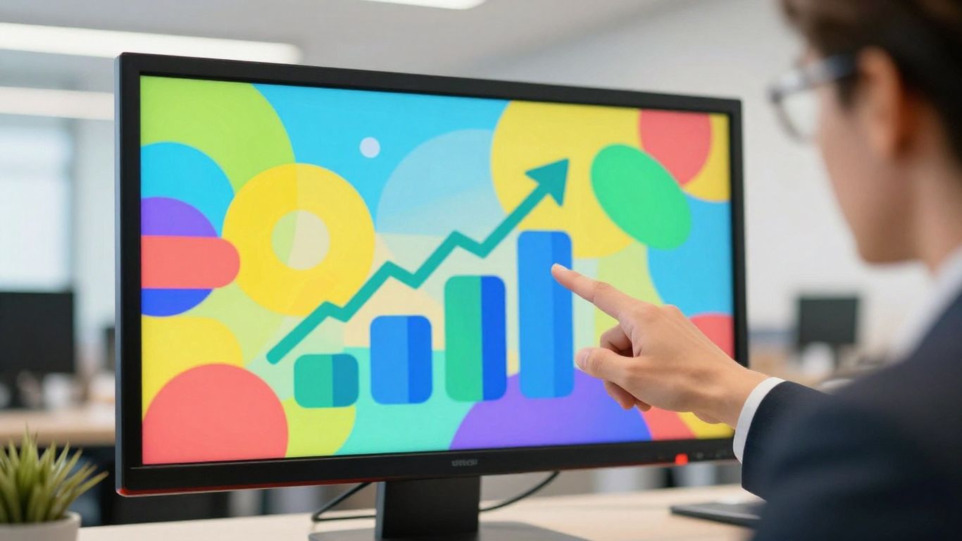 Business person pointing at a digital ad on a screen.