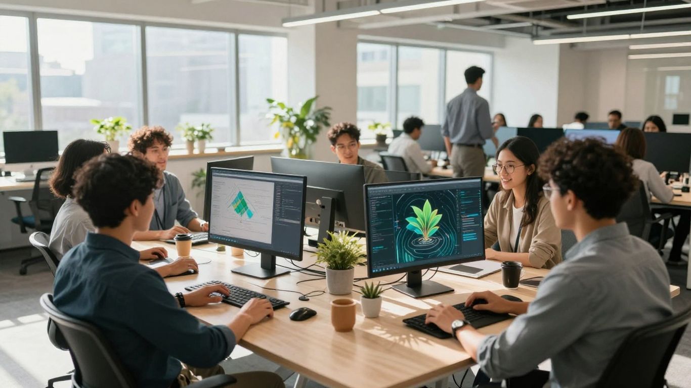 Team collaborating in a bright office with digital growth visuals.