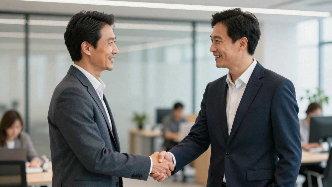 Business people shaking hands, symbolizing partnership and growth.