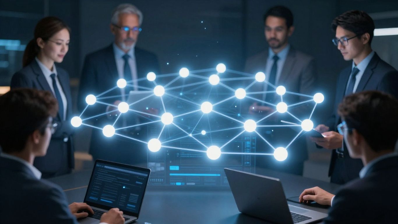 Team optimizing website structure with glowing digital connections.