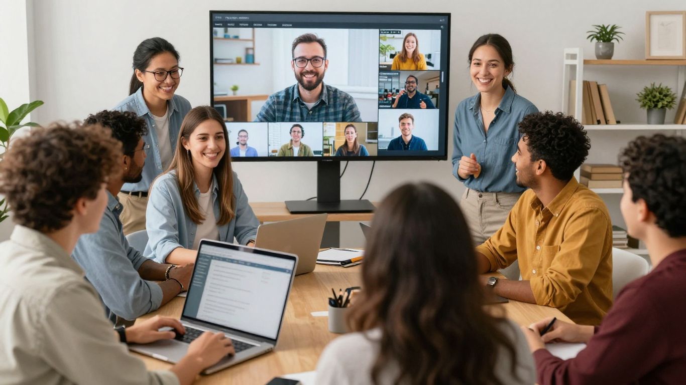 Diverse professionals engaging in online community growth.