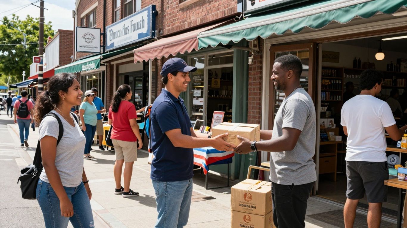 People engaging with local businesses on a sunny street.