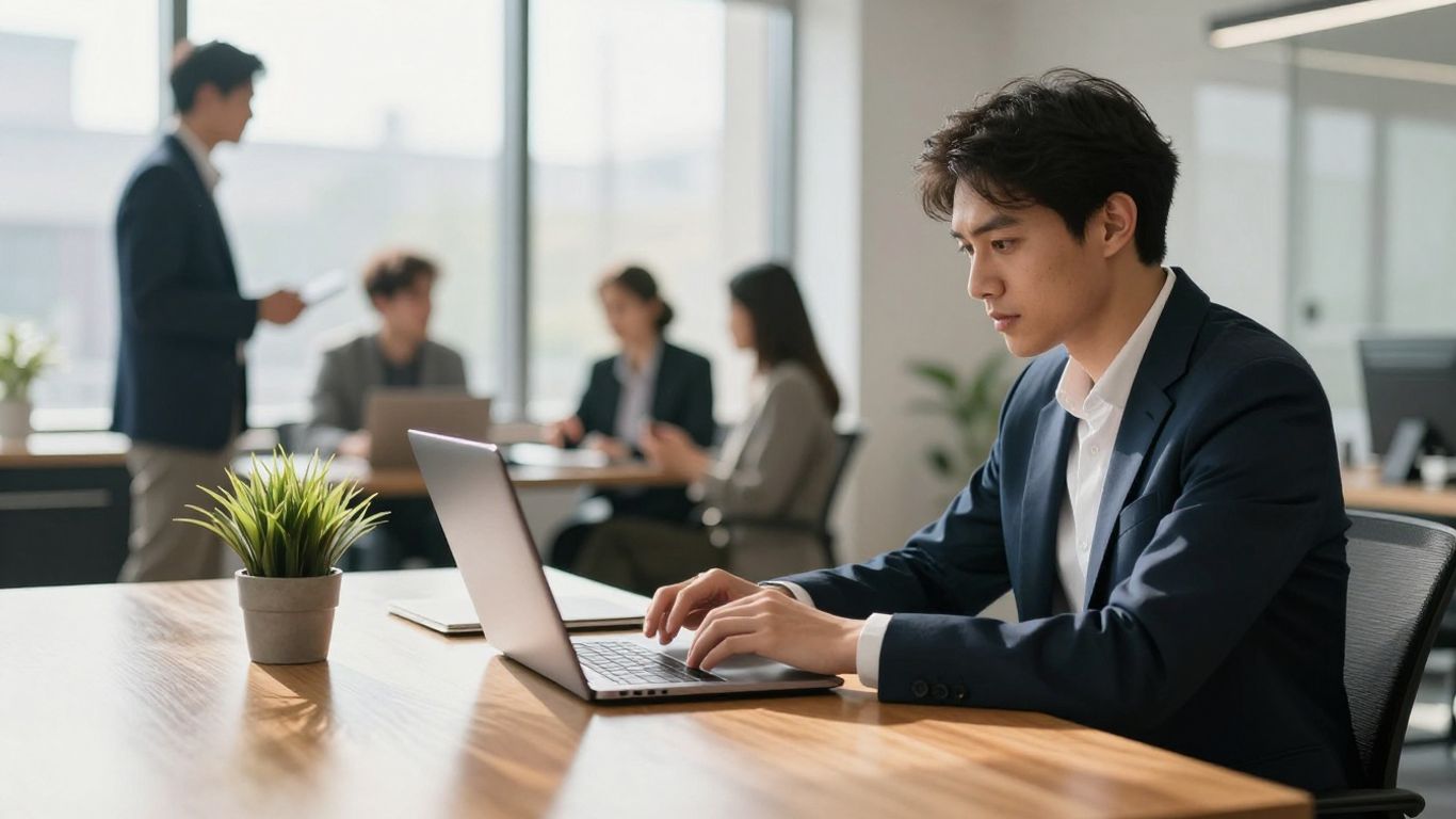 Modern office with sunlight and professionals discussing business.