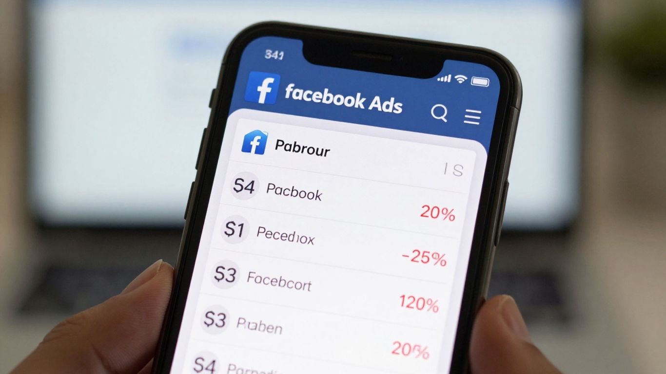 Facebook Ads pricing on a smartphone screen.