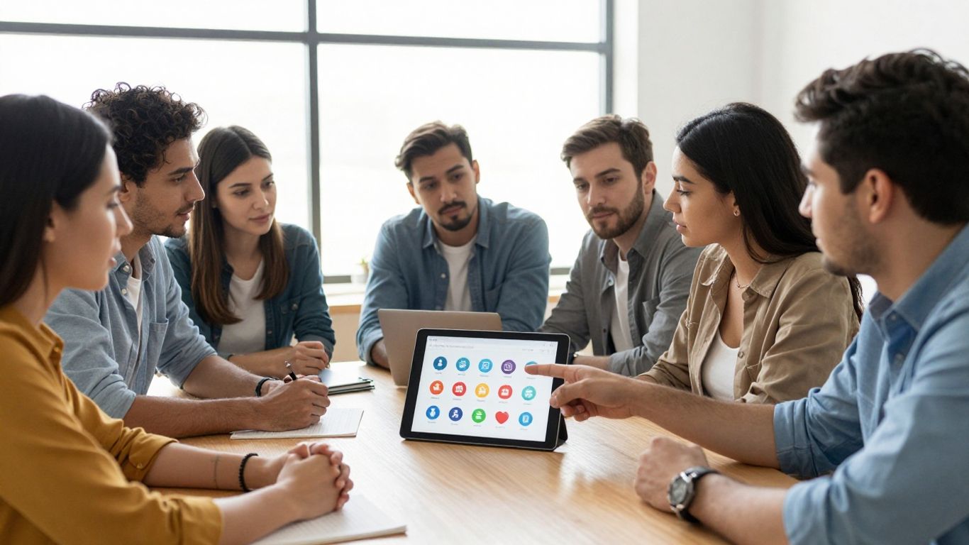 Team discussing social media strategy on a tablet.