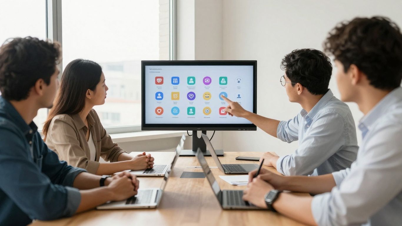 Team discussing social media strategy in a modern office.