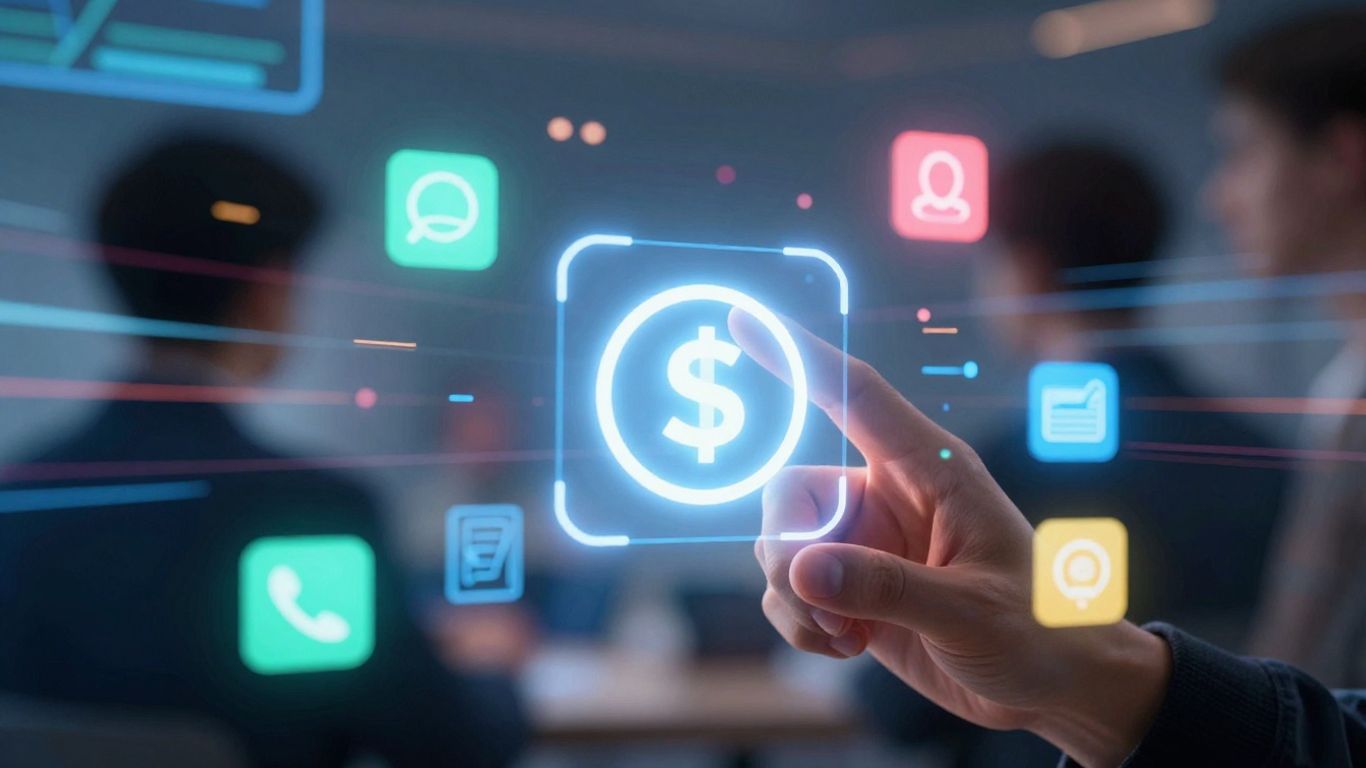 Social media icons and money symbols on a digital background.