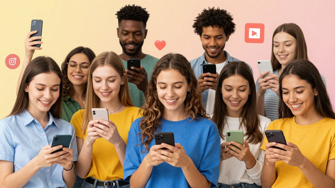 People using phones with social media icons.
