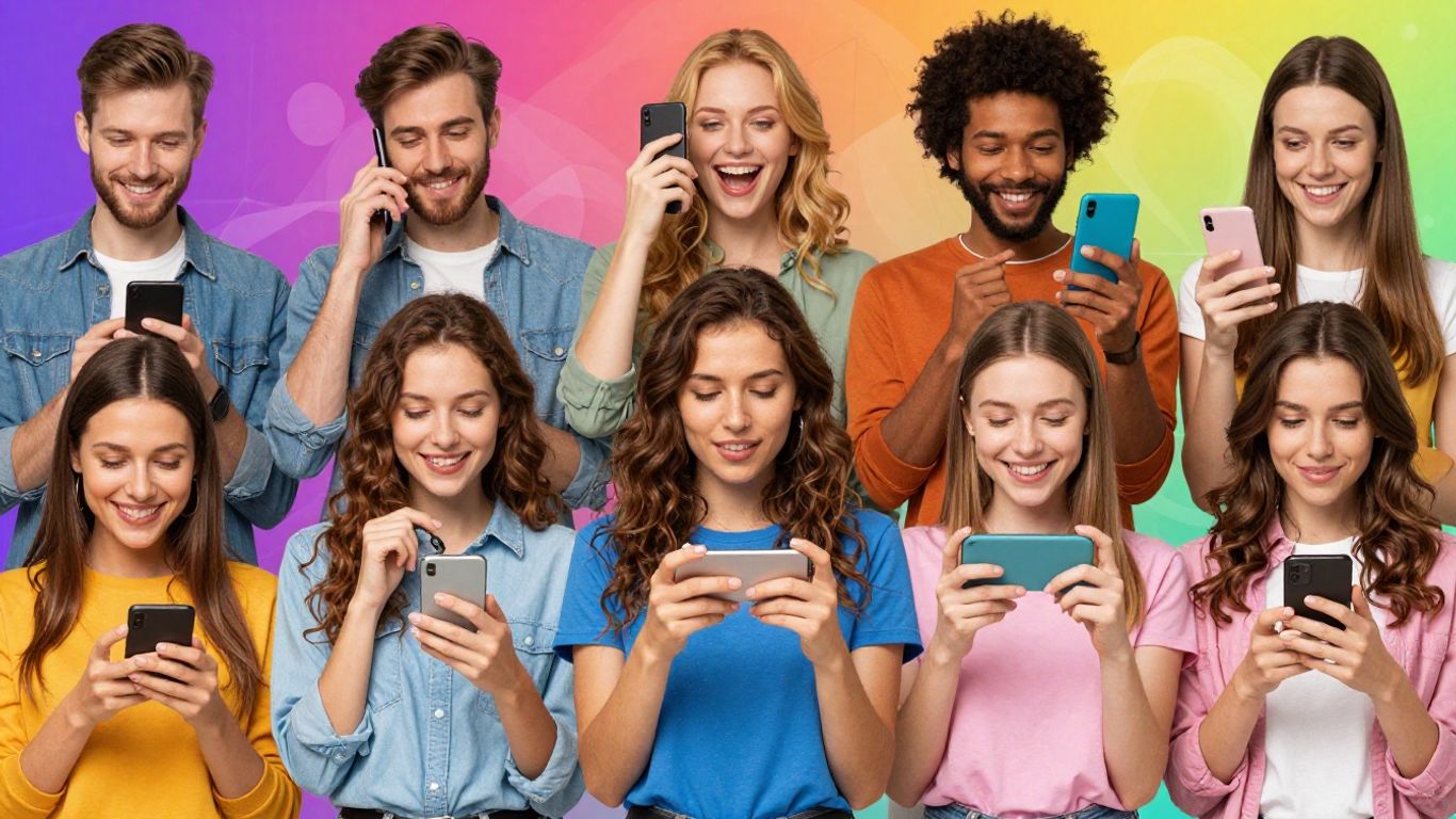 People using social media on phones and laptops.