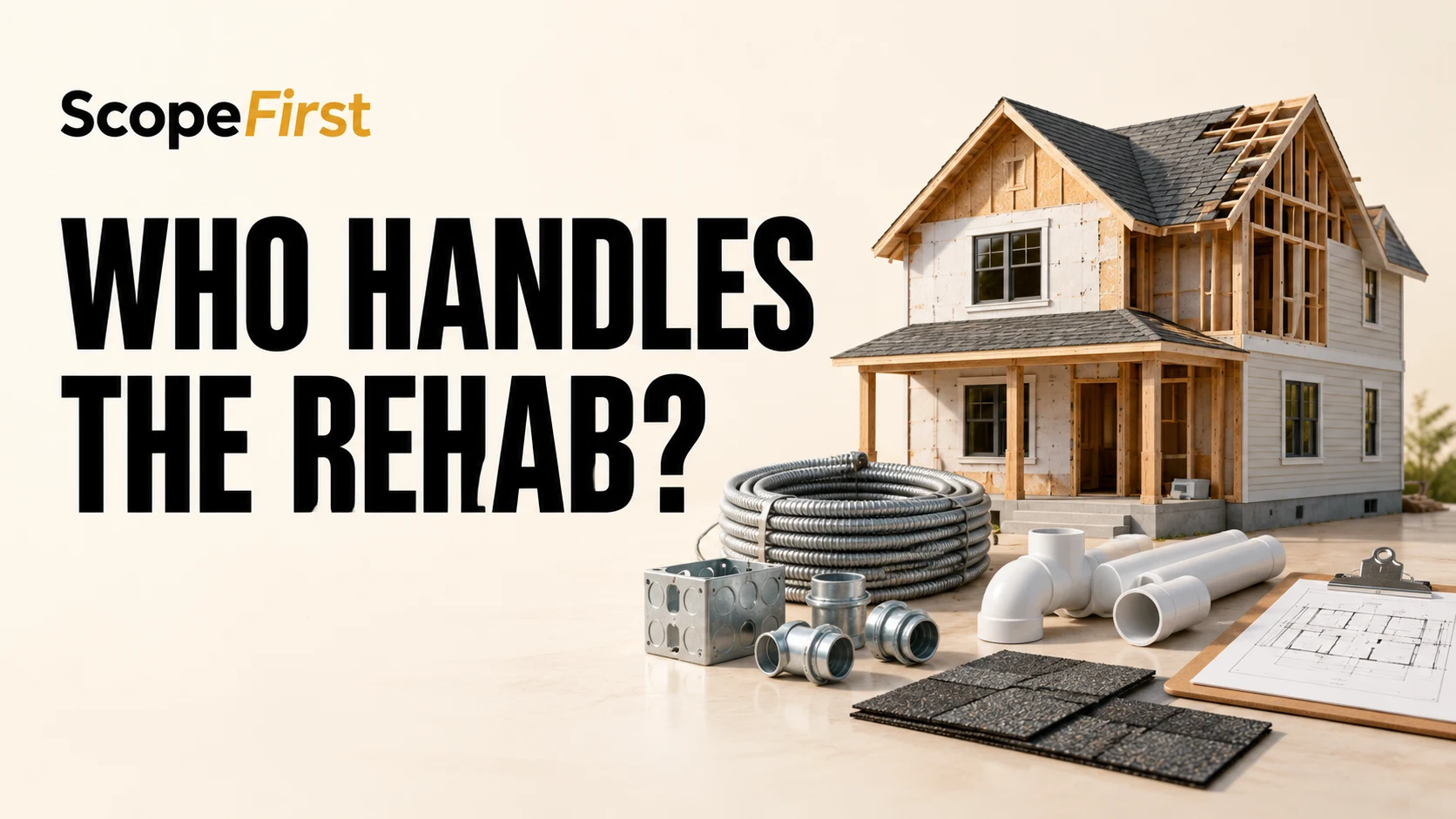 Hybrid contractor model: a house under renovation with electrical, plumbing and roofing materials.