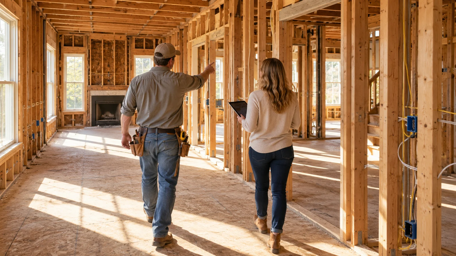Contractor and investor walking a full-gut renovation with exposed studs and wiring