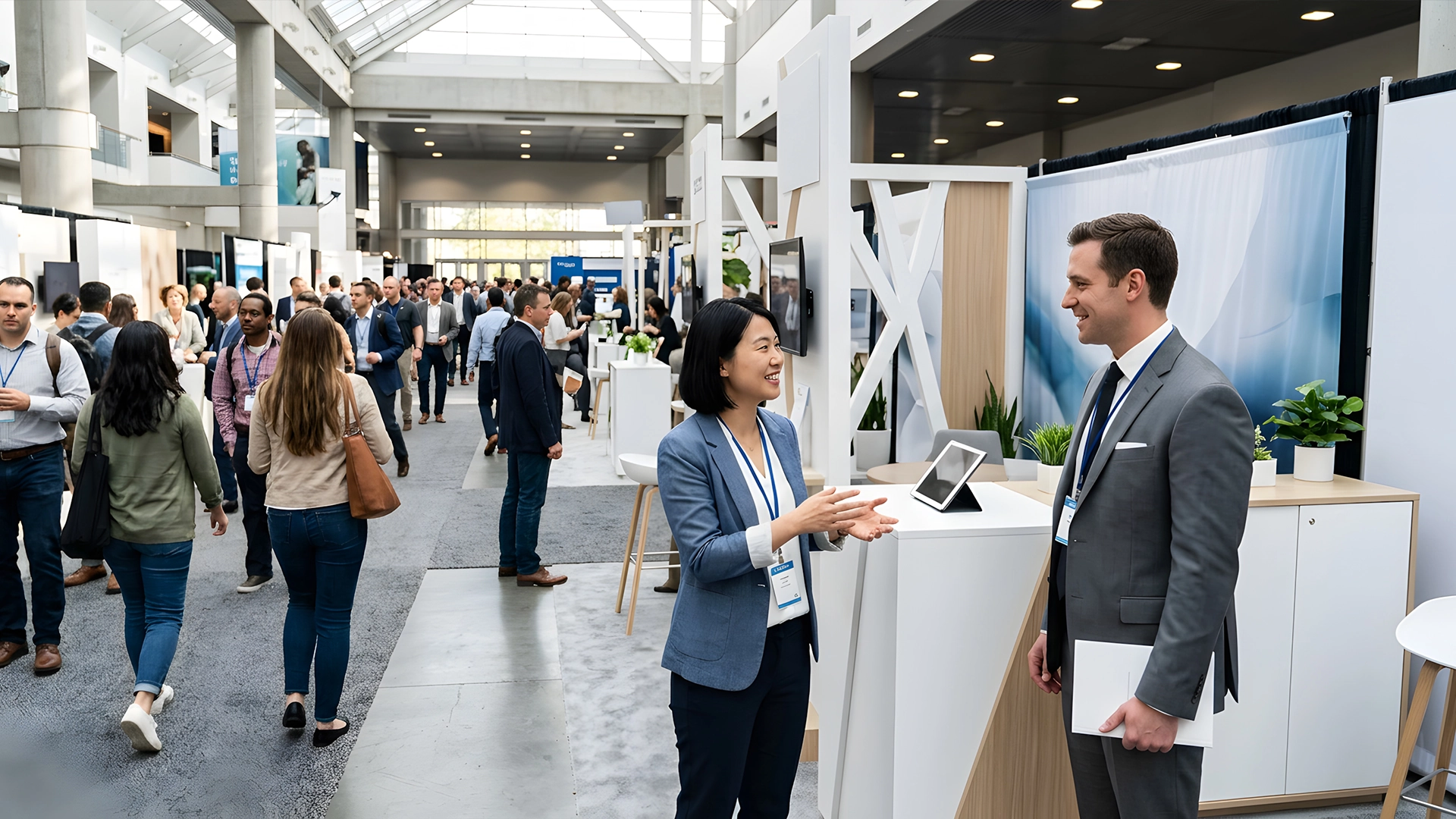 Conference attendees visiting an exhibit hall booth at AC26