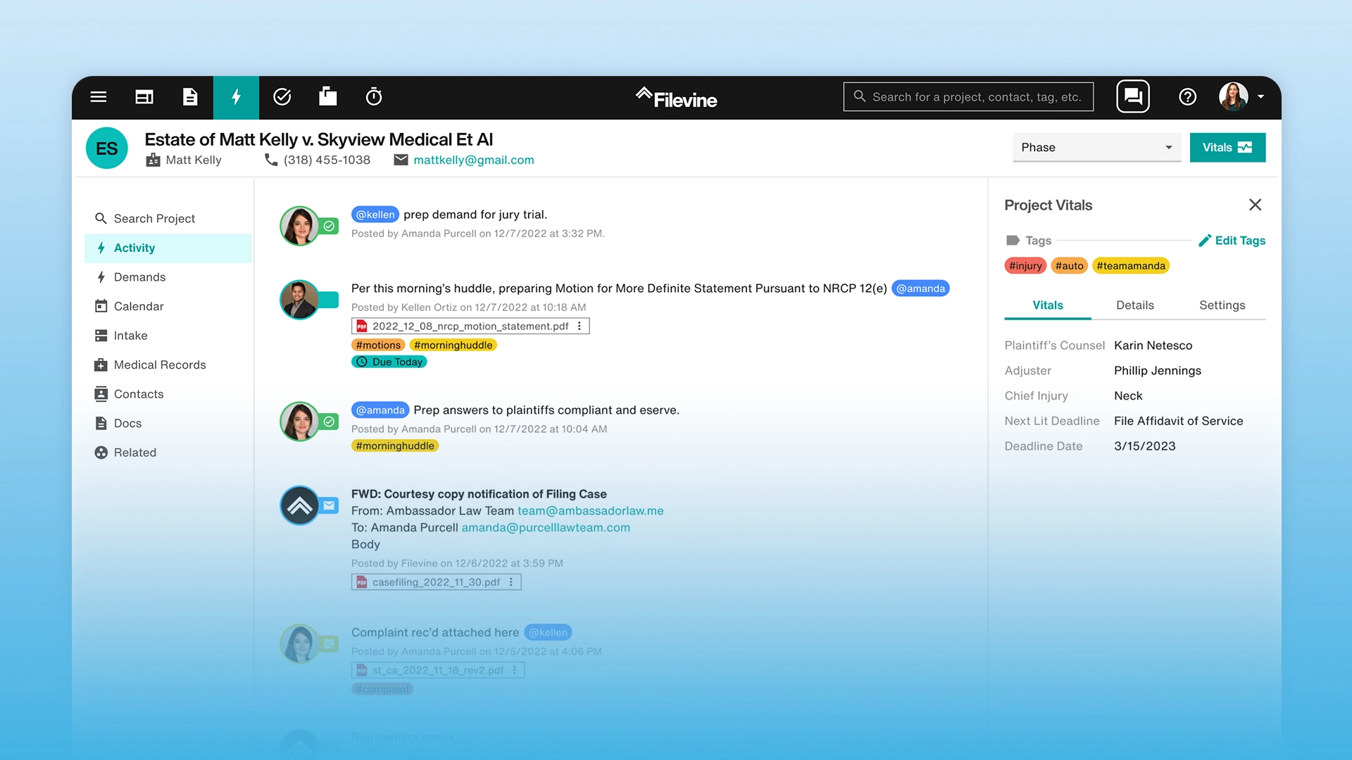A screenshot of the Filevine platform interface or case dashboard.