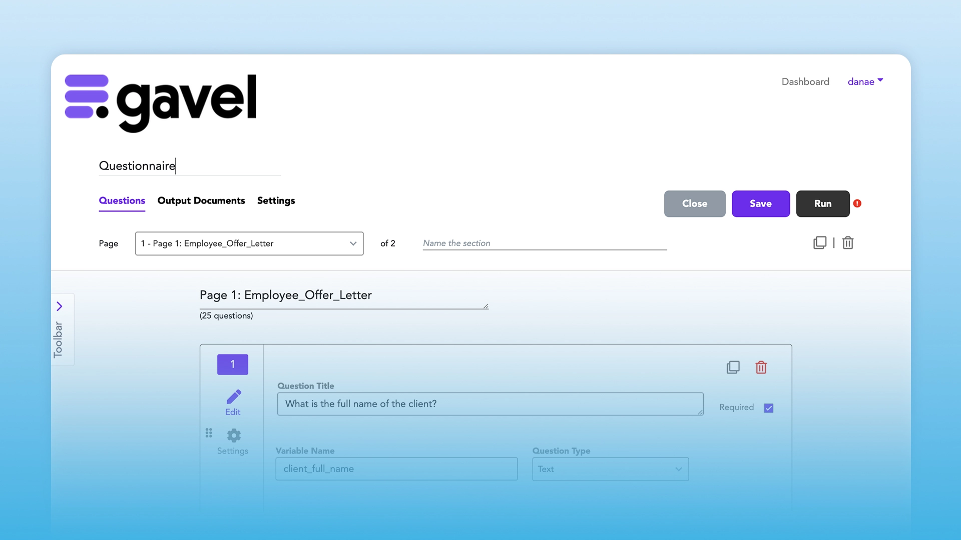 A screenshot of the Gavel document automation builder interface or website.