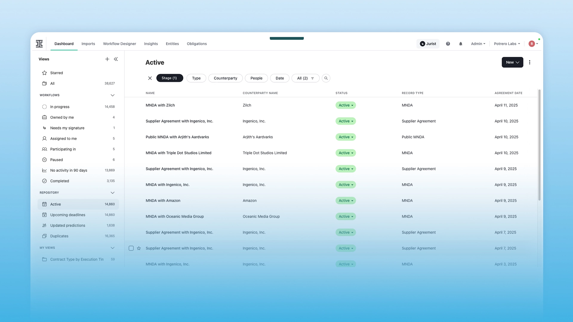 A screenshot of the Ironclad contract management dashboard or designer view.