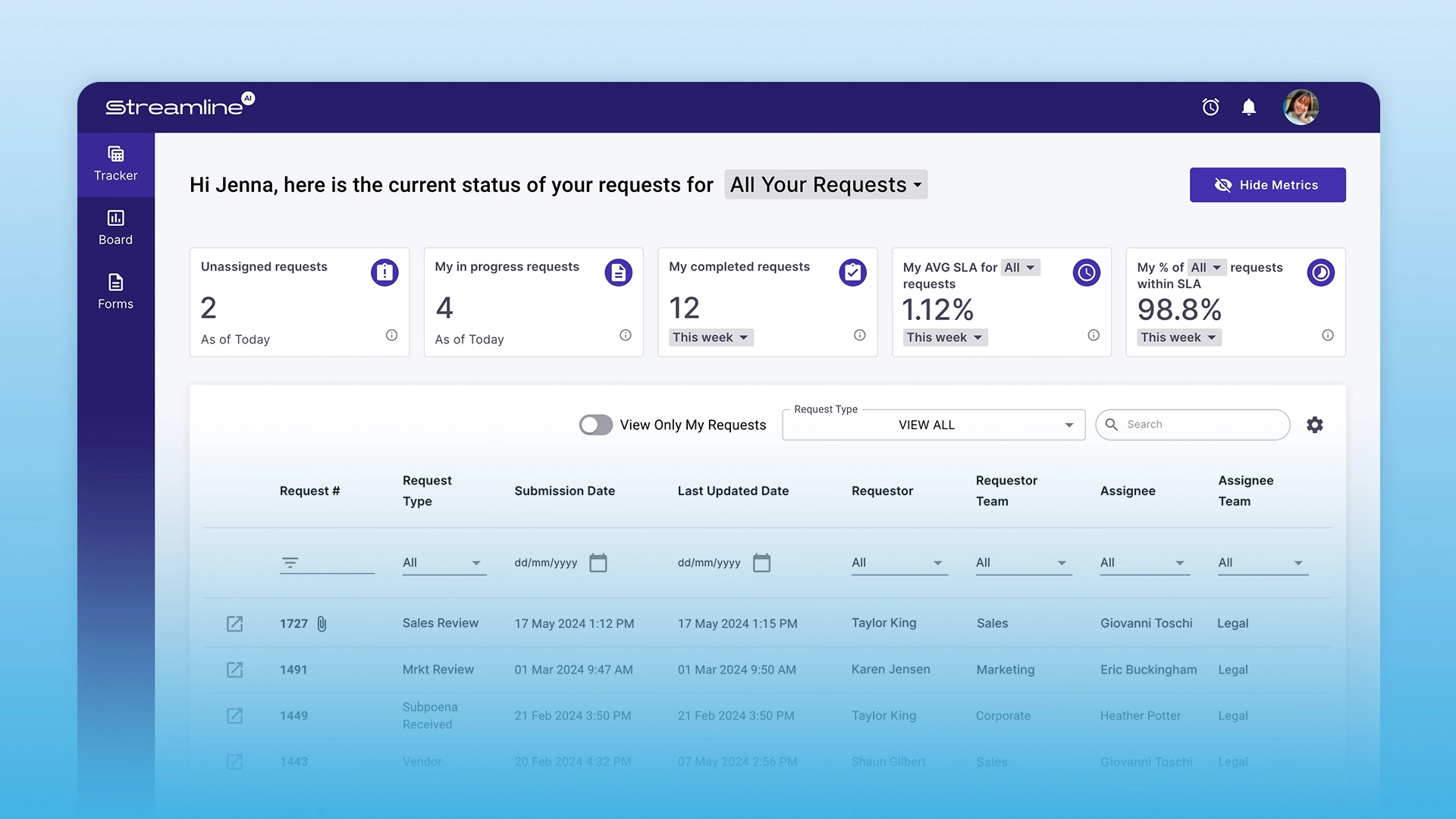 A screenshot of the Streamline AI request dashboard or website.