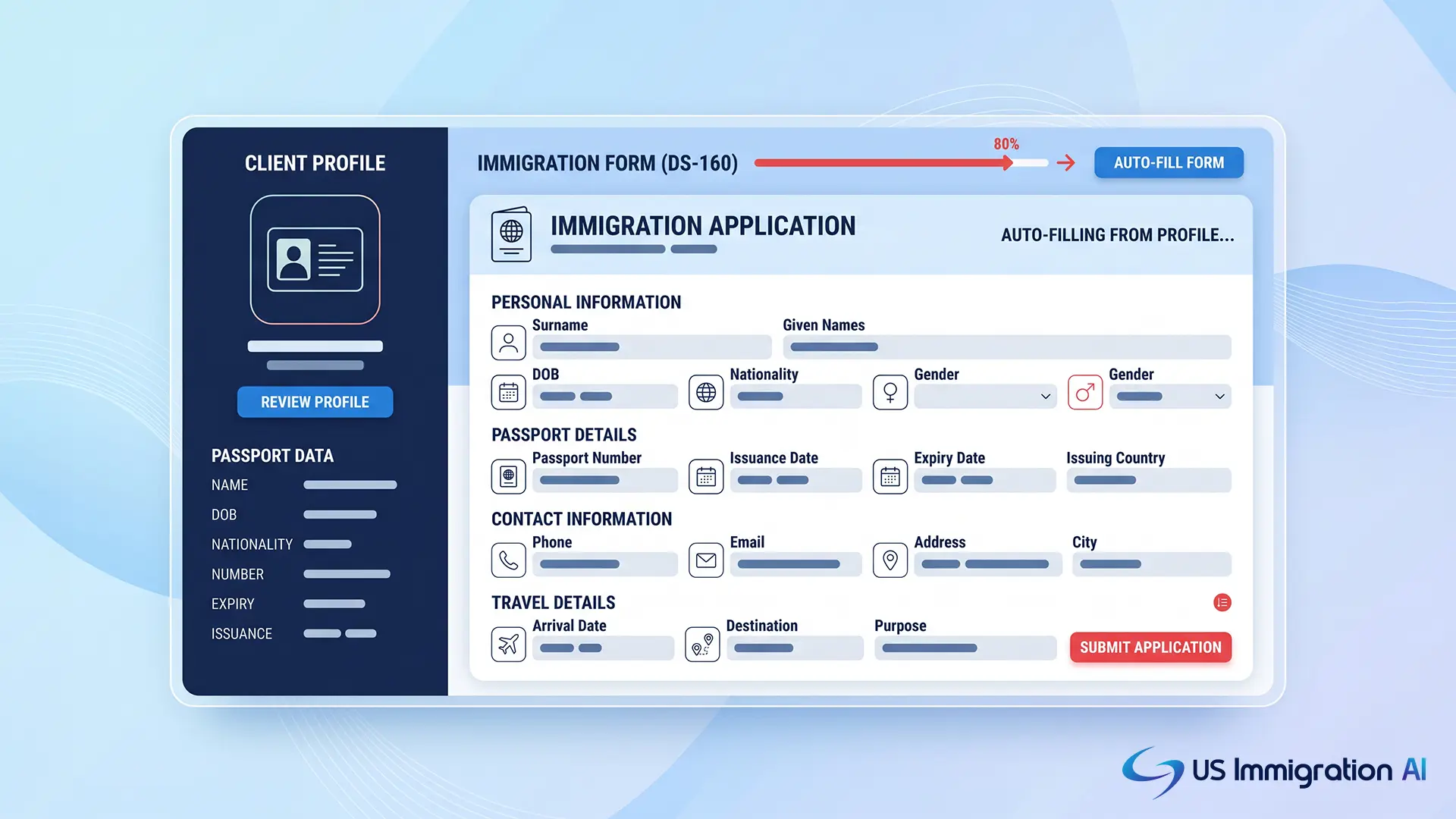 AI drafting immigration documents, flat vector of a form and passport