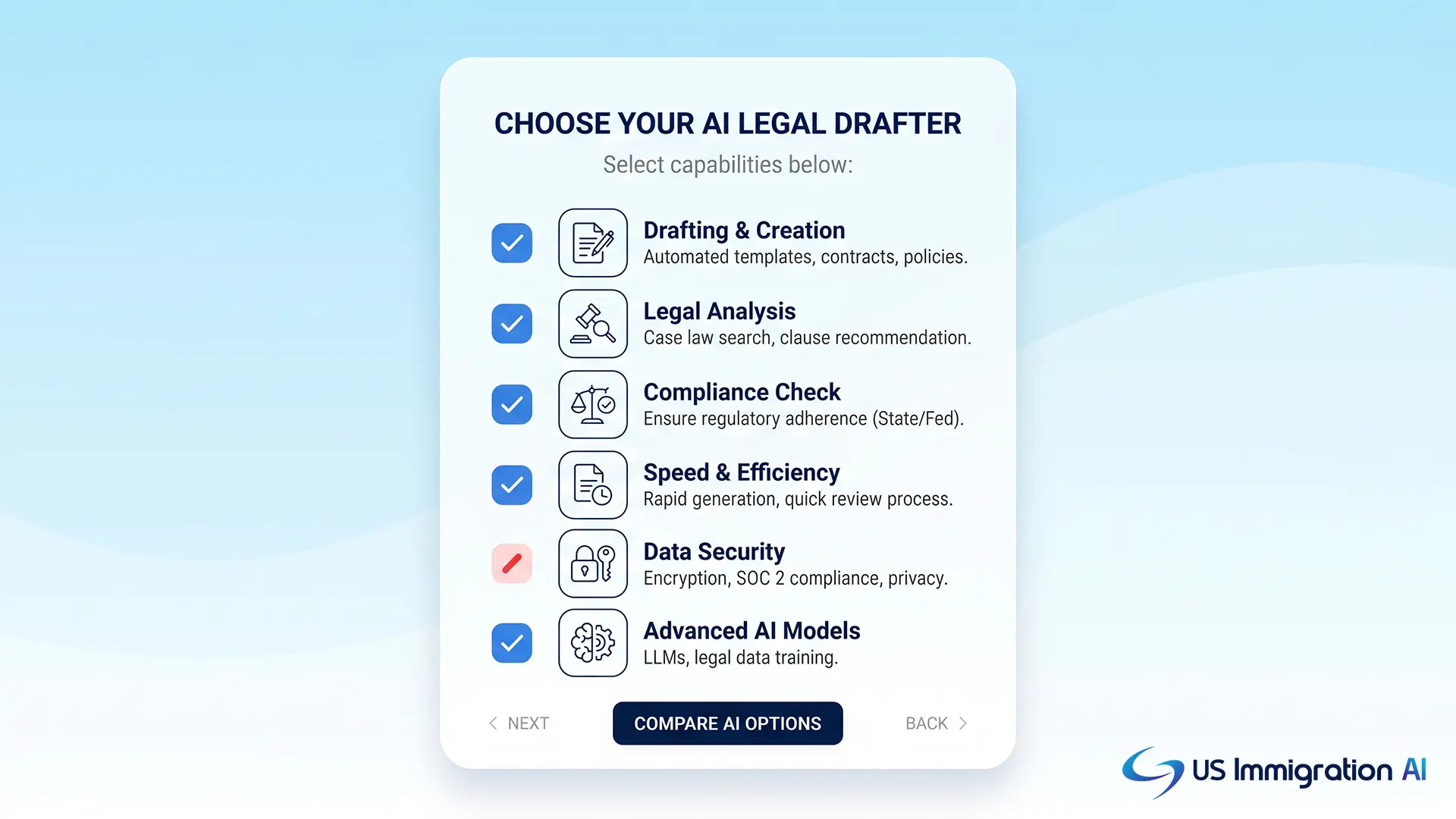 Checklist for choosing the best AI to draft legal documents, flat vector UI