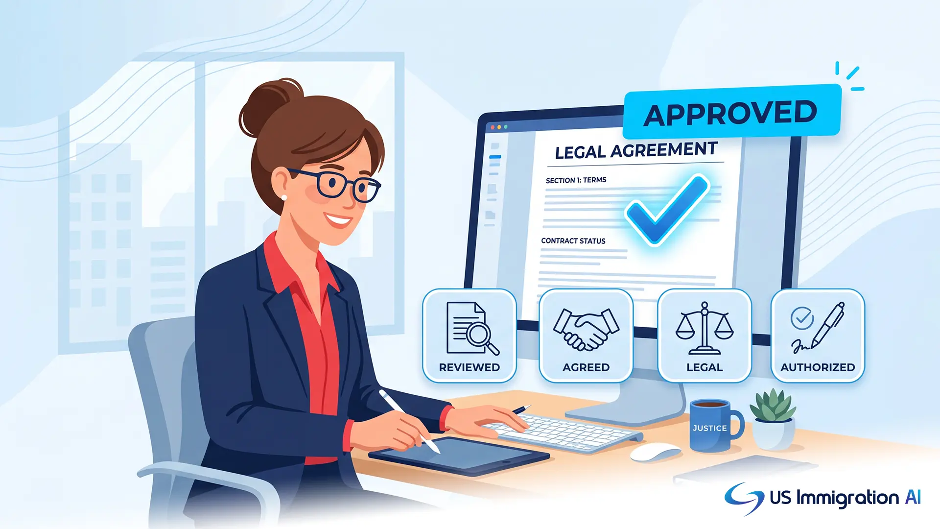 Attorney reviewing an AI-drafted legal document, flat vector illustration