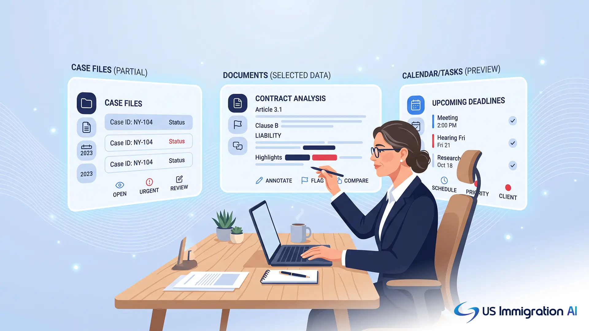 Attorney reviewing a fragmented set of disconnected software dashboards