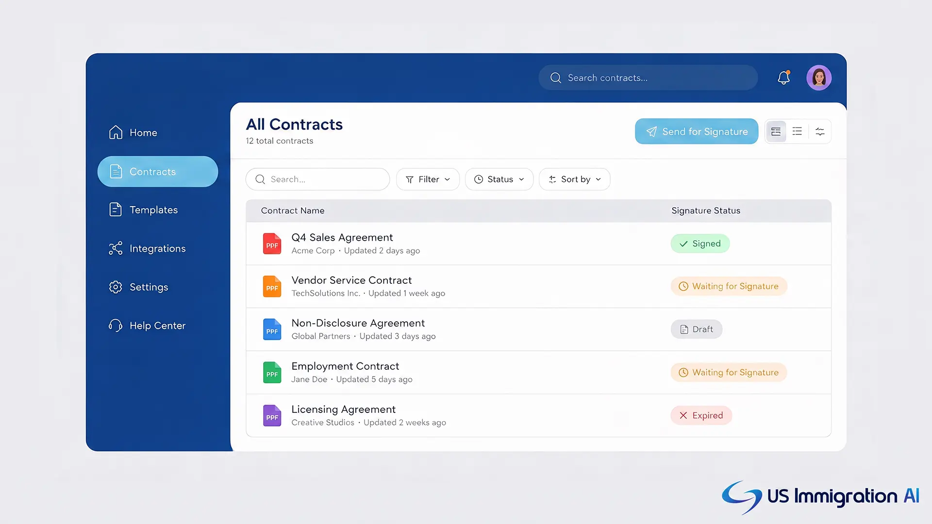 Clean UI mockup of a contract drafting and e-signature dashboard