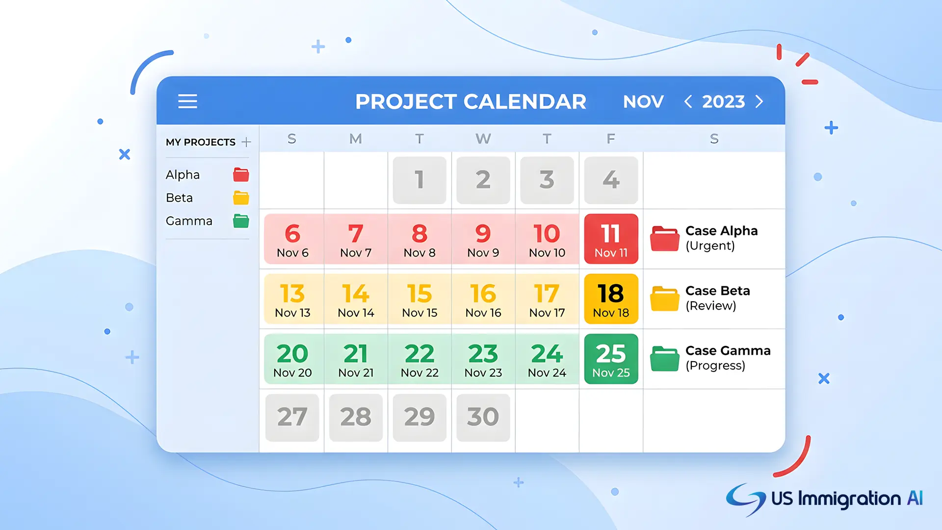 A calendar UI mockup with three rows of dates in red, yellow, and green, each next to a small case-file icon.