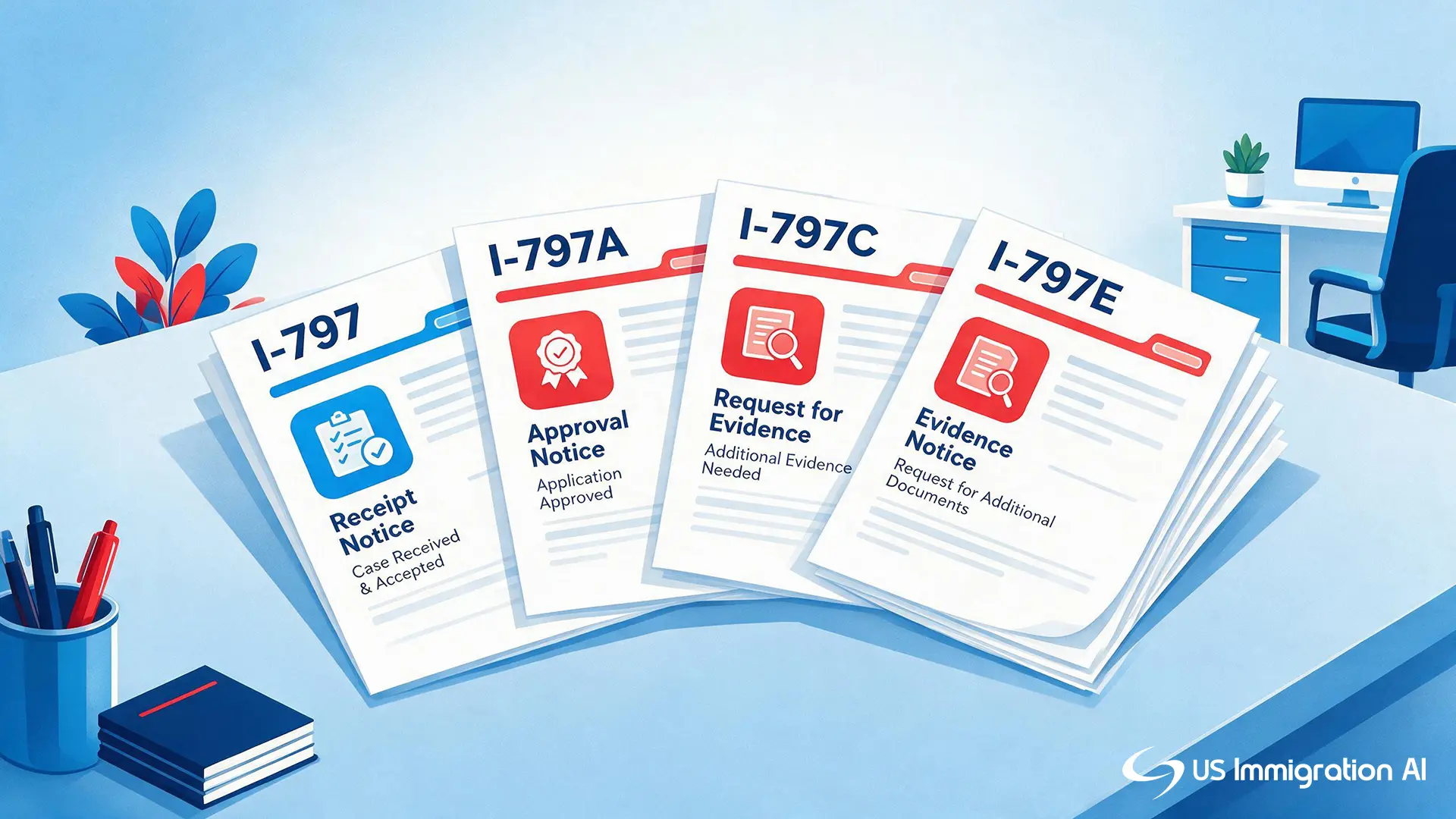 Stack of I-797 notice types labeled A through F