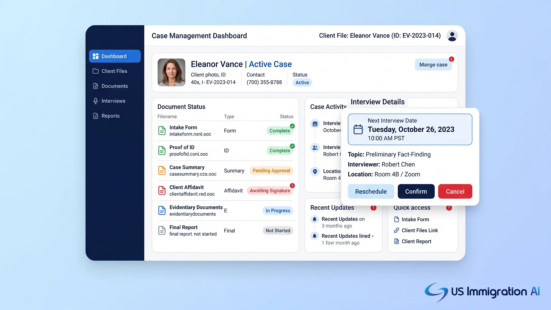 Case management dashboard tracking H-1B interview scheduling