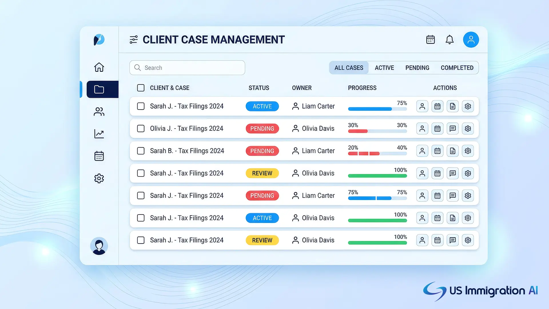 Immigration law firm dashboard tracking green card status for multiple clients