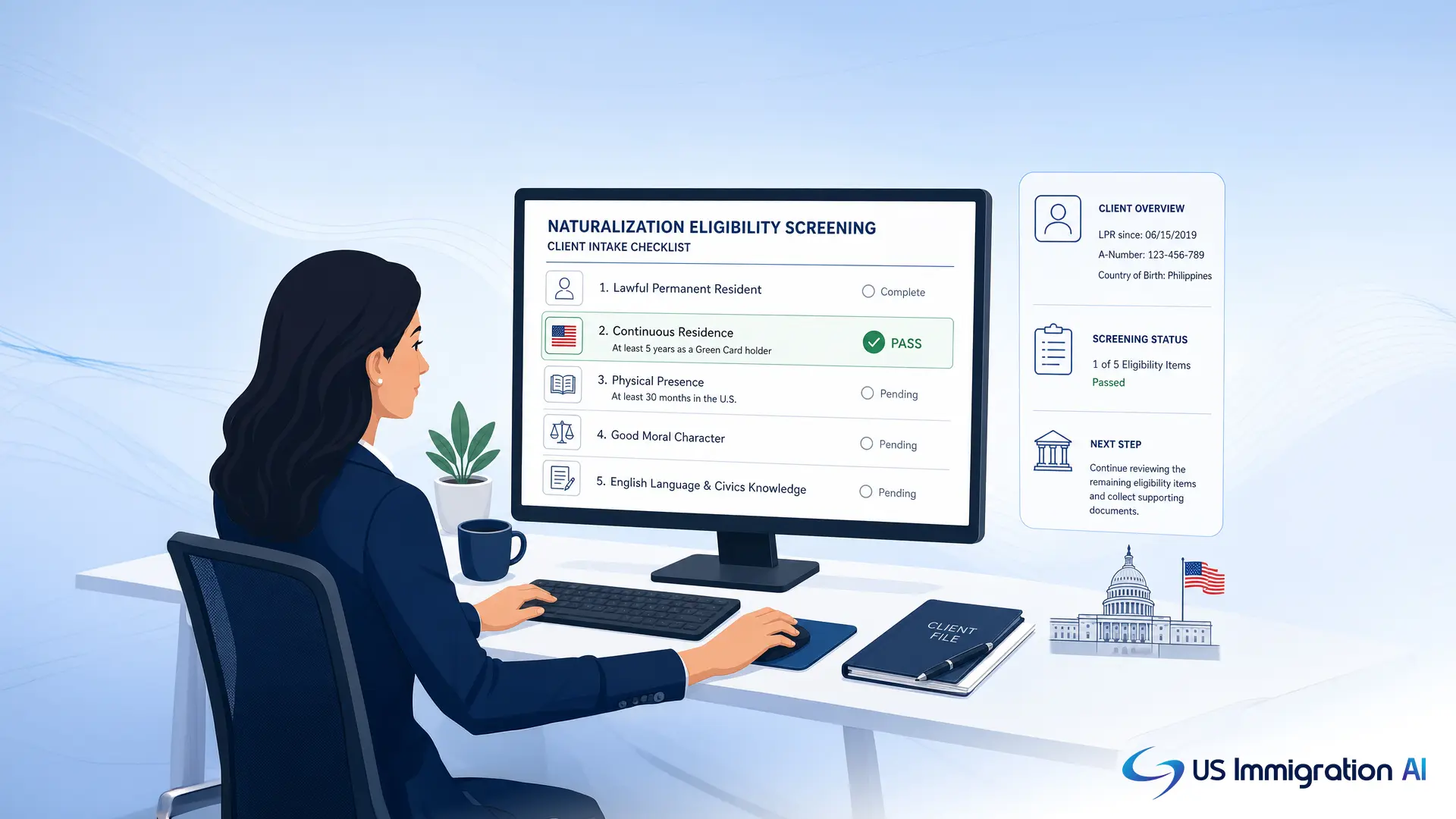 Illustration of a law firm staff member reviewing a client's naturalization eligibility on a screen