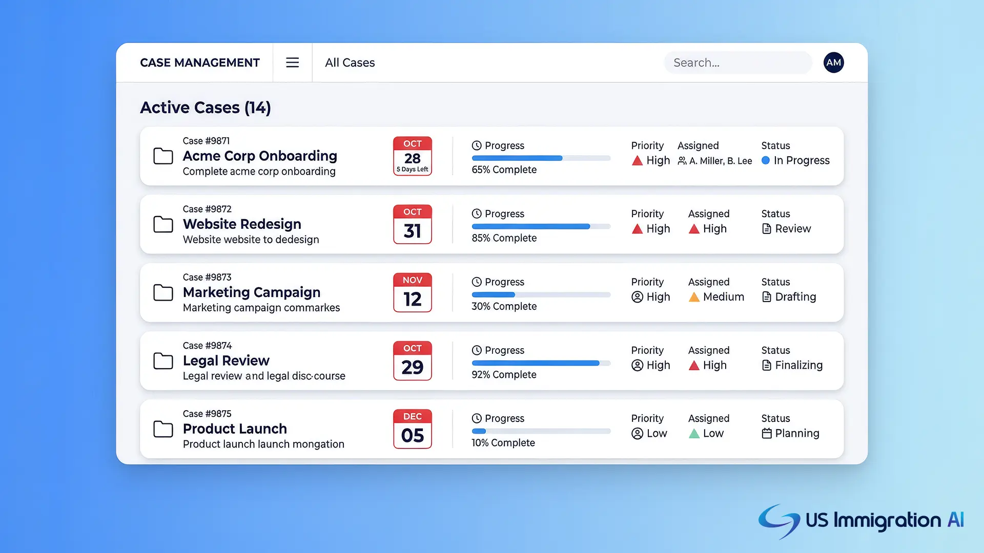 Case management dashboard tracking RFE deadlines across an immigration caseload